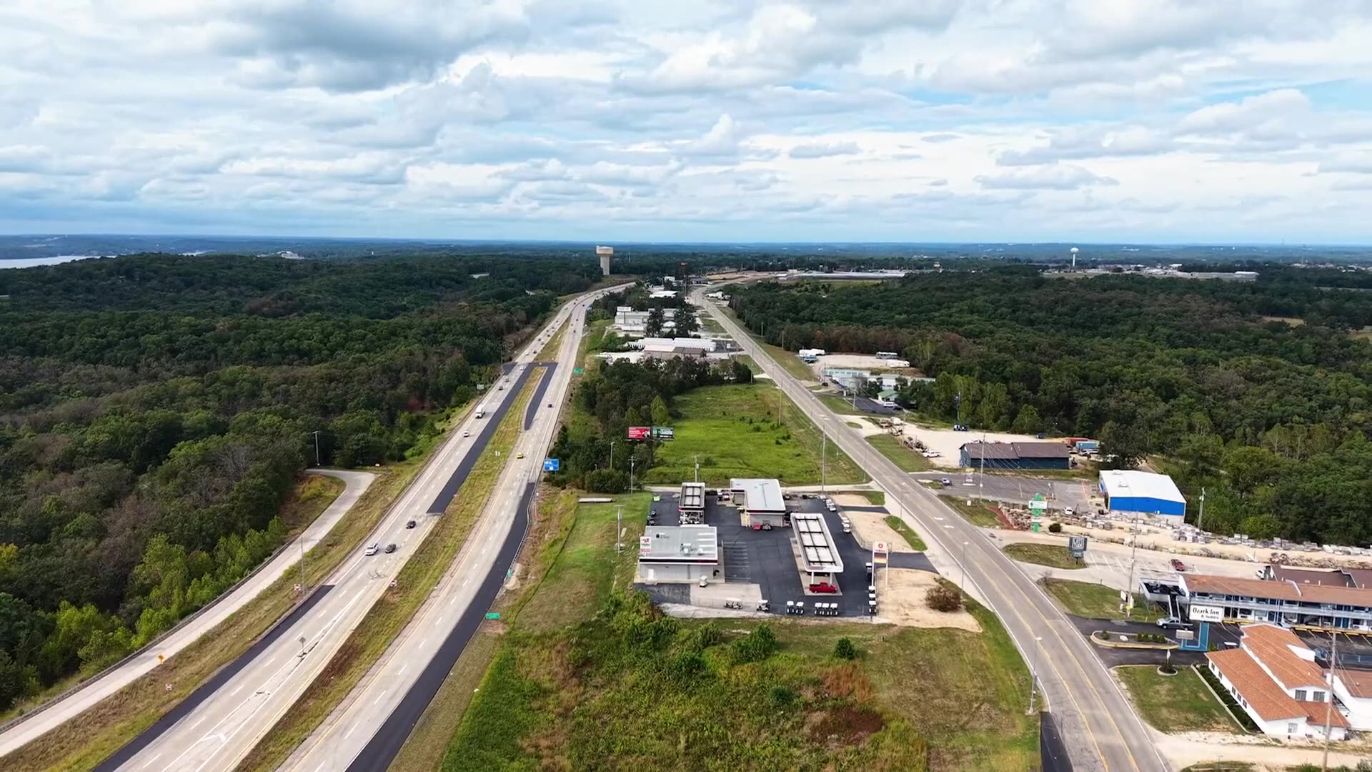 Drone view of the Highway 54 corridor around 6432 Osage Beach Parkway, Osage Beach, MO